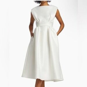 Amsale Little White Dress Womens 4 Ivory LW195 Mikado Pockets V-Back Midi